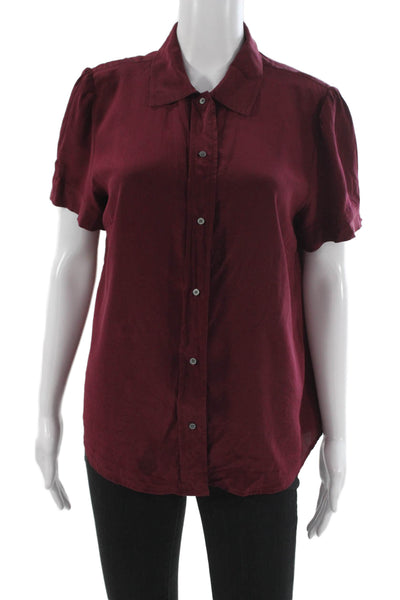 J Crew Women Red Silk Collared Short Sleeve Button Up Blouse Size M