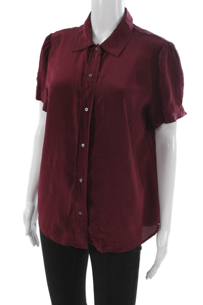 J Crew Women Red Silk Collared Short Sleeve Button Up Blouse Size M
