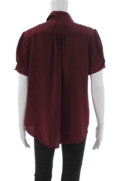 J Crew Women Red Silk Collared Short Sleeve Button Up Blouse Size M