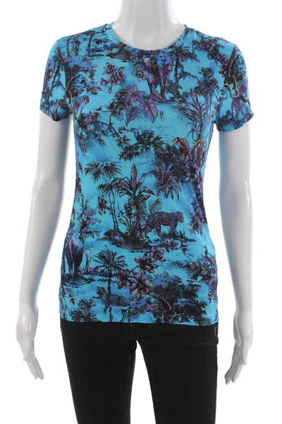 L'Agence Women Blue Jersey Graphic Animal Crew Neck Short Sleeve Tee Size XS
