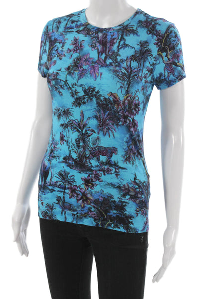 L'Agence Women Blue Jersey Graphic Animal Crew Neck Short Sleeve Tee Size XS