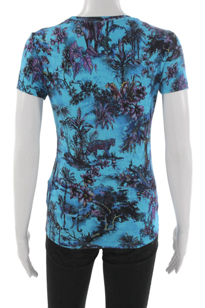 L'Agence Women Blue Jersey Graphic Animal Crew Neck Short Sleeve Tee Size XS