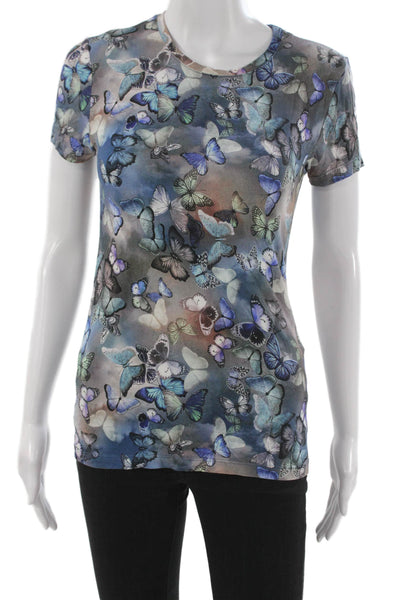 L'Agence Womens Basic Butterfly Graphic T-Shirt Blue Crew Short Sleeve Size XS