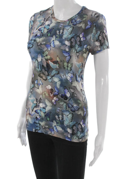 L'Agence Womens Basic Butterfly Graphic T-Shirt Blue Crew Short Sleeve Size XS