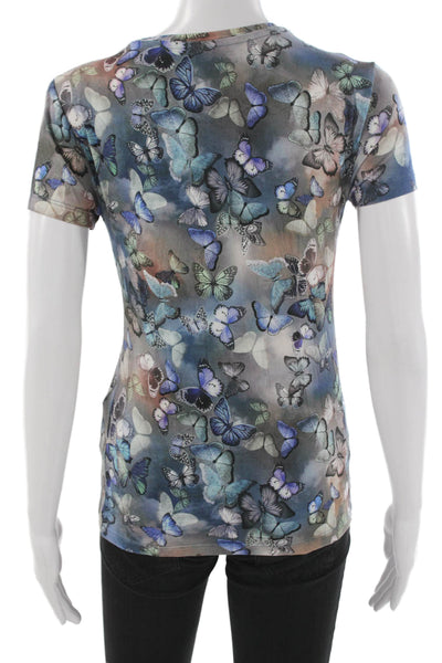 L'Agence Womens Basic Butterfly Graphic T-Shirt Blue Crew Short Sleeve Size XS