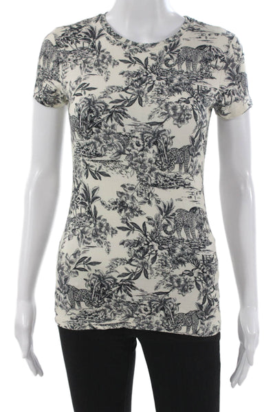 L'Agence Women Beige Animal Print Basic T Shirt Crew Neck Short Sleeve Size S