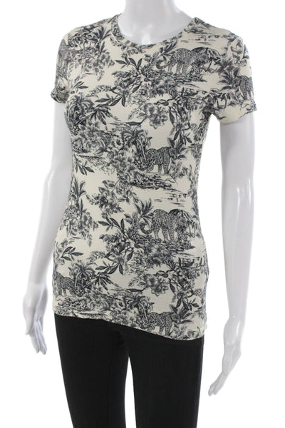 L'Agence Women Beige Animal Print Basic T Shirt Crew Neck Short Sleeve Size S