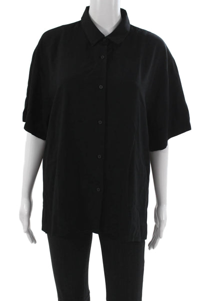 Uniqlo Womens Black Collared Short Sleeve Button Up Top Rayon Blend Size XL