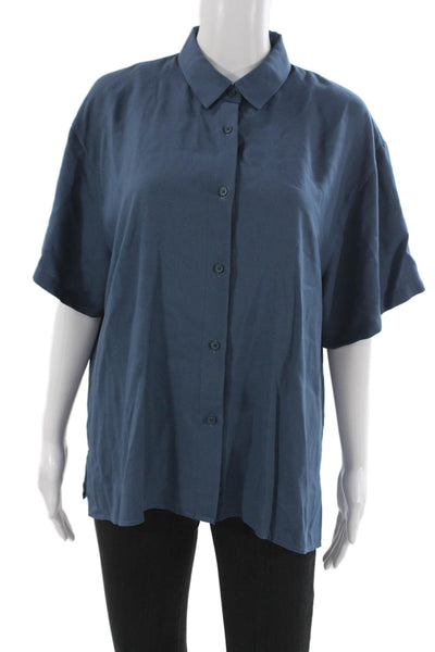 Uniqlo Women Basic Collared Button-Up Short Sleeve Dark Blue Silk Blend Size XL