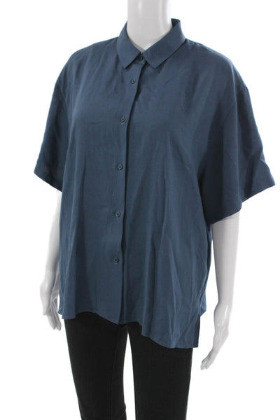 Uniqlo Women Basic Collared Button-Up Short Sleeve Dark Blue Silk Blend Size XL