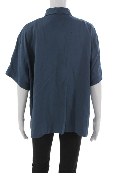 Uniqlo Women Basic Collared Button-Up Short Sleeve Dark Blue Silk Blend Size XL