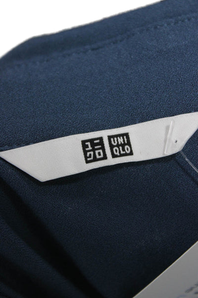 Uniqlo Women Basic Collared Button-Up Short Sleeve Dark Blue Silk Blend Size XL