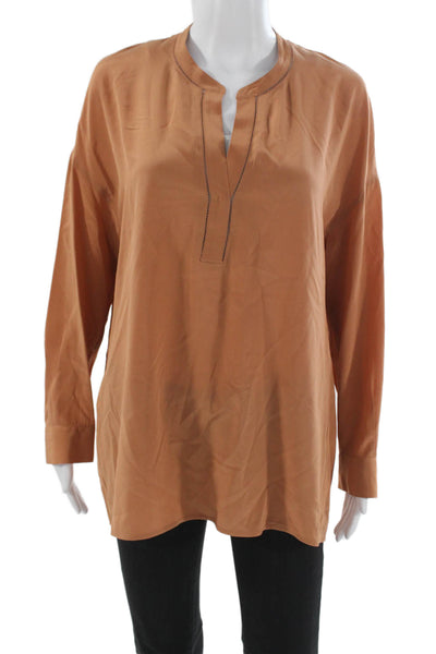 Vince Women Brown Tunic Blouse Long Sleeve Button Front Rayon Polyester Size M