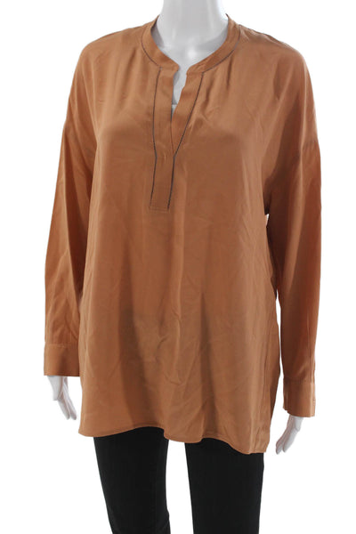 Vince Women Brown Tunic Blouse Long Sleeve Button Front Rayon Polyester Size M