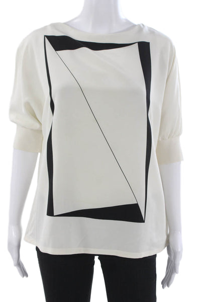 Akris Womens White Mulberry Silk Geometric Blouse 3/4 Sleeve Size 12