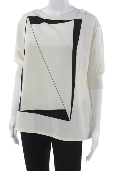 Akris Womens White Mulberry Silk Geometric Blouse 3/4 Sleeve Size 12