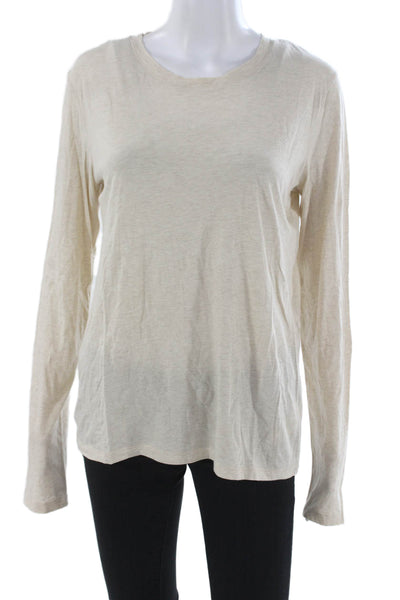 Vince Women Beige Basic Crew Neck Pima Cotton Long Sleeve T-Shirt Size L