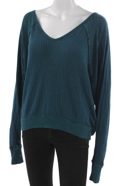 We The Free Women Pullover Sweatshirt Blue V-Neck Long Sleeve Boho Size XS