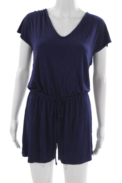 Krisa Women Dark Blue V Neck Short Sleeve Romper Size S