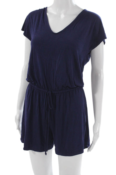 Krisa Women Dark Blue V Neck Short Sleeve Romper Size S