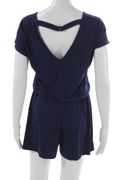 Krisa Women Dark Blue V Neck Short Sleeve Romper Size S
