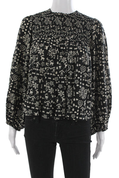 The Great Womens Black High Neck Animal Graphic Button Blouse Longsleeve Size 0