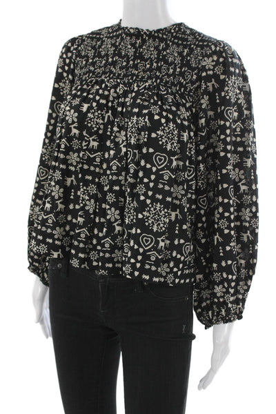The Great Womens Black High Neck Animal Graphic Button Blouse Longsleeve Size 0