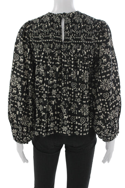 The Great Womens Black High Neck Animal Graphic Button Blouse Longsleeve Size 0