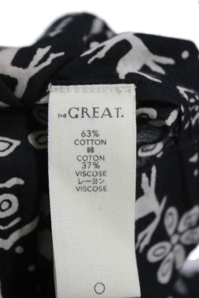The Great Womens Black High Neck Animal Graphic Button Blouse Longsleeve Size 0