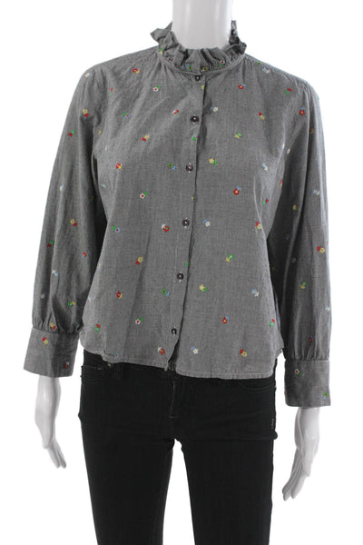 The Great Women Gray High Neck Check Floral Button Up Blouse Long Sleeve Size 0