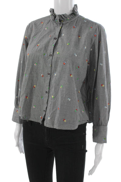The Great Women Gray High Neck Check Floral Button Up Blouse Long Sleeve Size 0