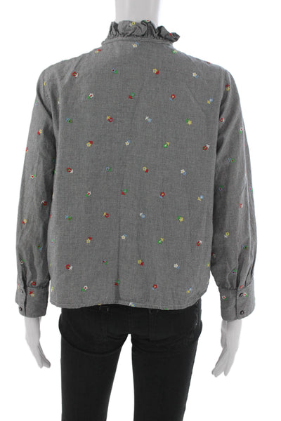 The Great Women Gray High Neck Check Floral Button Up Blouse Long Sleeve Size 0