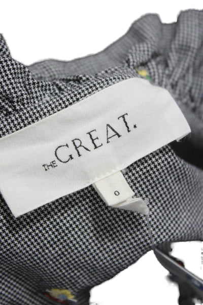 The Great Women Gray High Neck Check Floral Button Up Blouse Long Sleeve Size 0