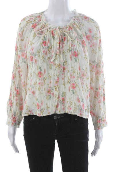 The Great Women White Floral Cotton Long Sleeve Button Blouse Size 1