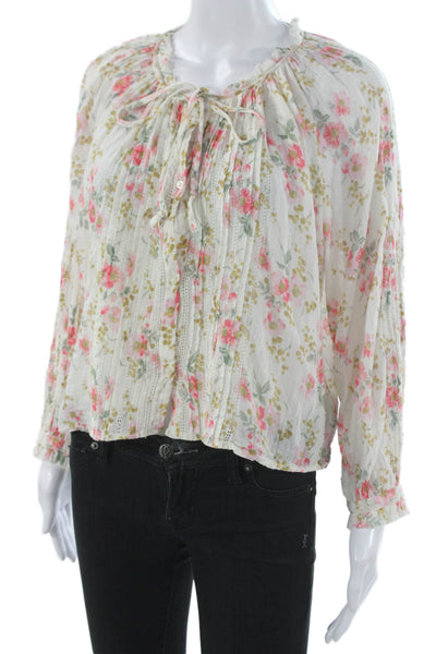 The Great Women White Floral Cotton Long Sleeve Button Blouse Size 1