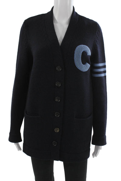 Celine Womens Cardigan Blue Wool V-Neck Long Sleeve Varsity Size M
