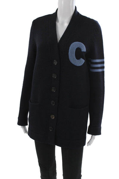 Celine Womens Cardigan Blue Wool V-Neck Long Sleeve Varsity Size M