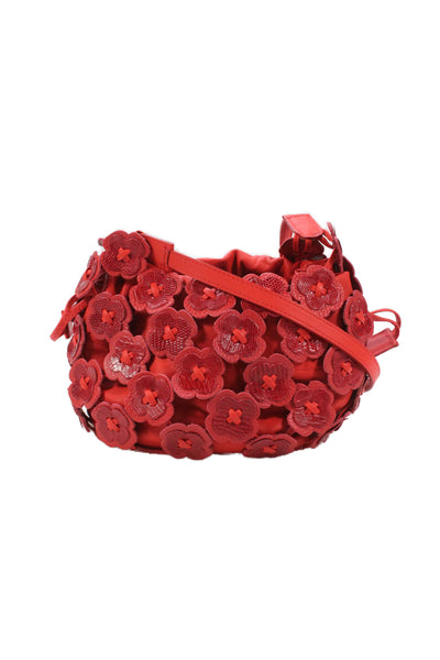 Daniella Ortiz Womens Leather Floral Drawstring Shoulder Bag Red