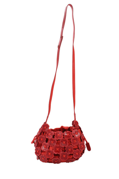 Daniella Ortiz Womens Leather Floral Drawstring Shoulder Bag Red
