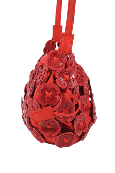 Daniella Ortiz Womens Leather Floral Drawstring Shoulder Bag Red