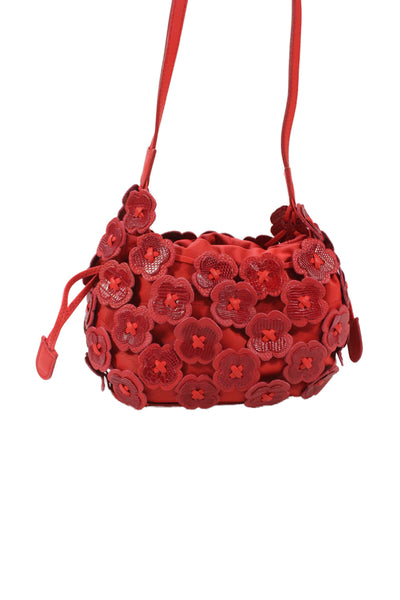 Daniella Ortiz Womens Leather Floral Drawstring Shoulder Bag Red