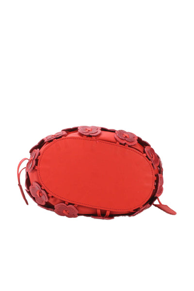 Daniella Ortiz Womens Leather Floral Drawstring Shoulder Bag Red
