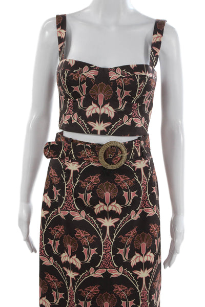 Cara Cara Women Floral Square Neck 2 Piece Brown Buckle Sleeveless Top Size 2