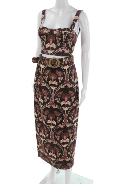Cara Cara Women Floral Square Neck 2 Piece Brown Buckle Sleeveless Top Size 2