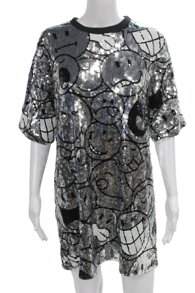 Designer Women Shift Tee Dress Black Sequin Crewneck Short Sleeve Mini Size M