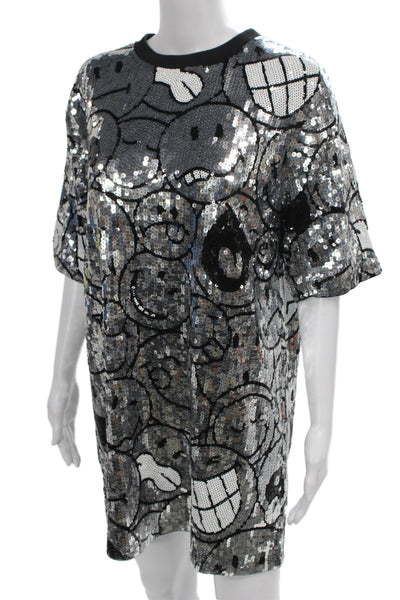 Designer Women Shift Tee Dress Black Sequin Crewneck Short Sleeve Mini Size M