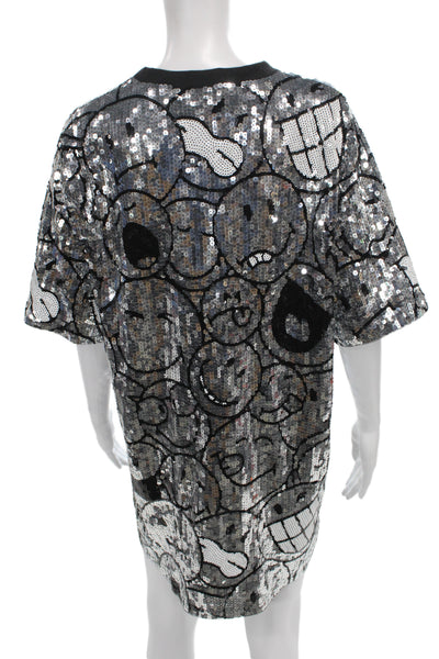 Designer Women Shift Tee Dress Black Sequin Crewneck Short Sleeve Mini Size M