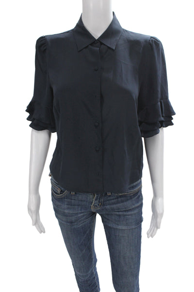 Frame Womens Silk Button Up Blouse Dark Blue Collared Size XS