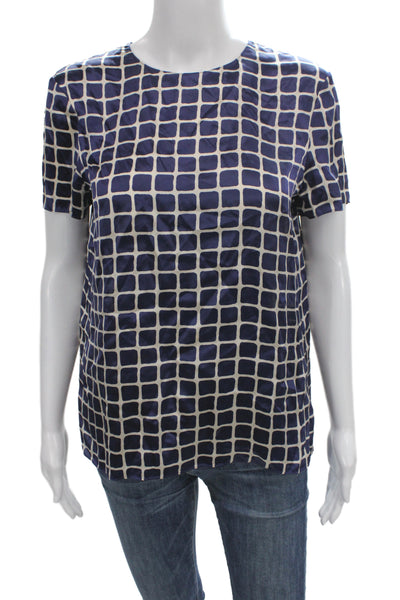 Theory Women Silk Blouse Dark Blue Geometric Short Sleeve Size S
