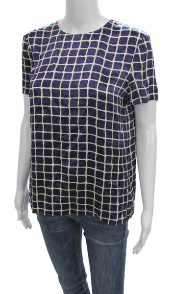 Theory Women Silk Blouse Dark Blue Geometric Short Sleeve Size S